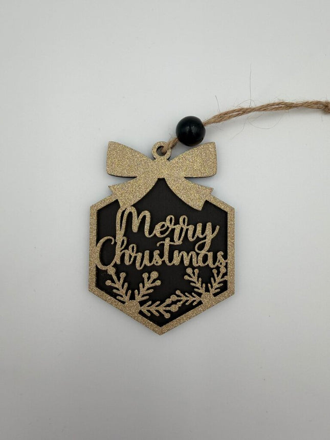 Present Shaped Gold/Black Wood Ornament