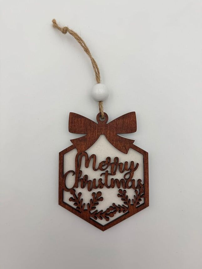 Present Shaped Brown/White Wood Ornament