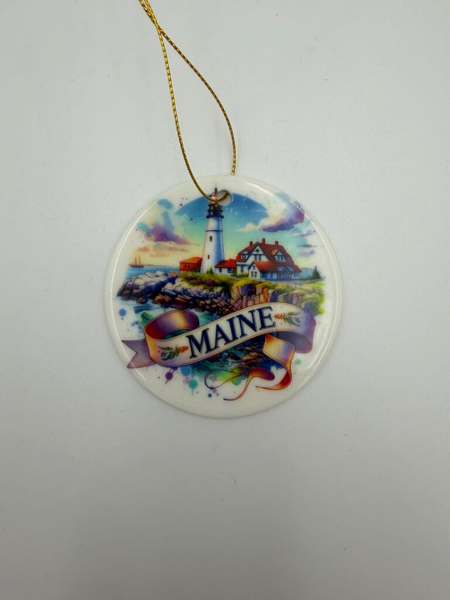 Maine Watercolor Ceramic Ornament