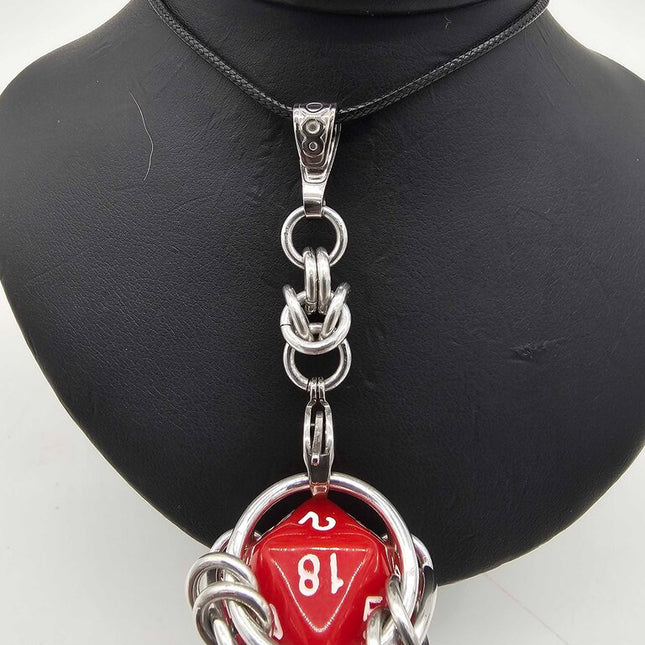 Caged D20 Necklace - Red, 20 inch black cord