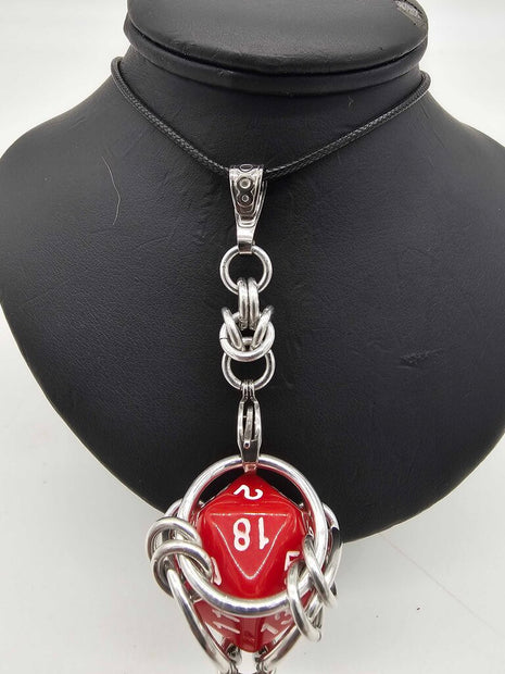 Caged D20 Necklace - Red, 20 inch black cord