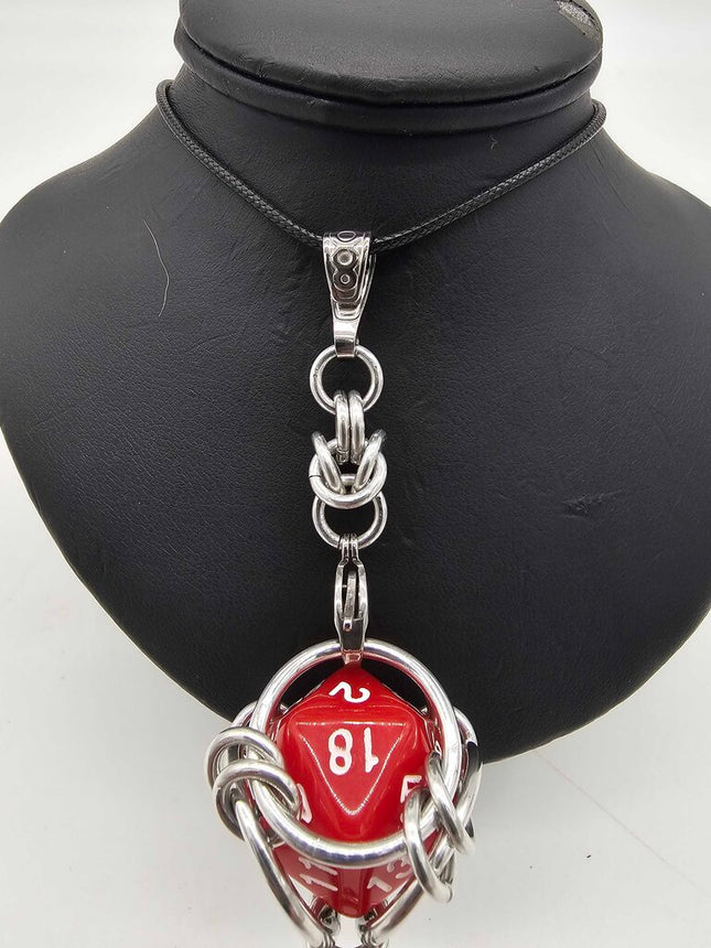 Cage D20 necklace with red d20 silver byzantine, 20 inch black cord