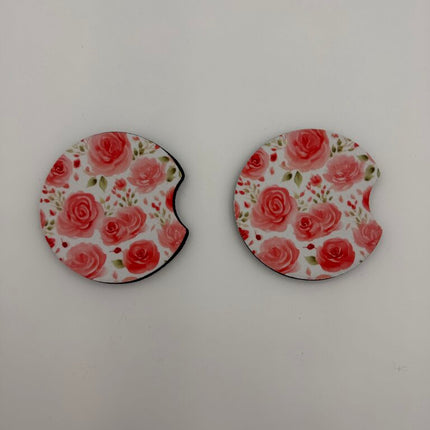 Pink Roses Neoprene Car Coaster Set