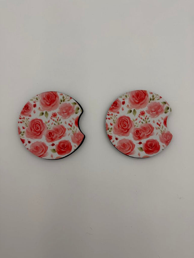 Pink Roses Neoprene Car Coaster Set