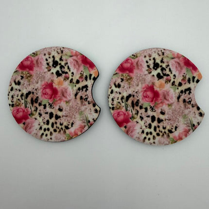 Leopard Flowers Neoprene Car Coaster Set