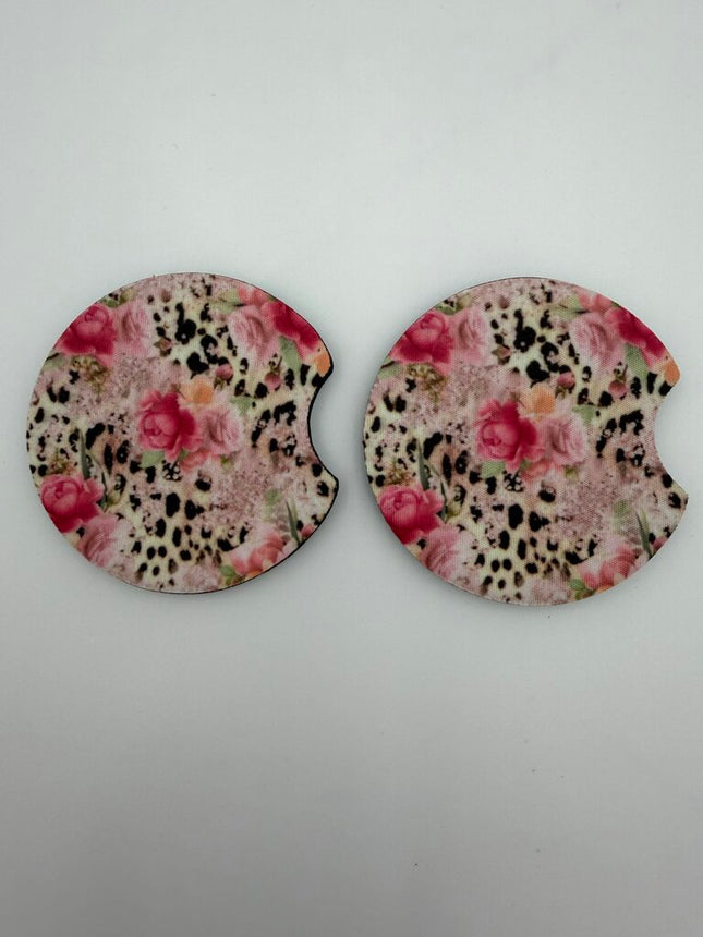 Leopard Flowers Neoprene Car Coaster Set