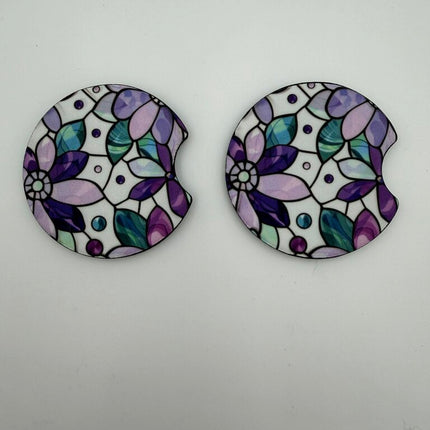 Purple Stained Glass Look Neoprene Car Coaster Set