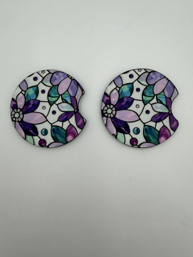 Purple Stained Glass Look Neoprene Car Coaster Set