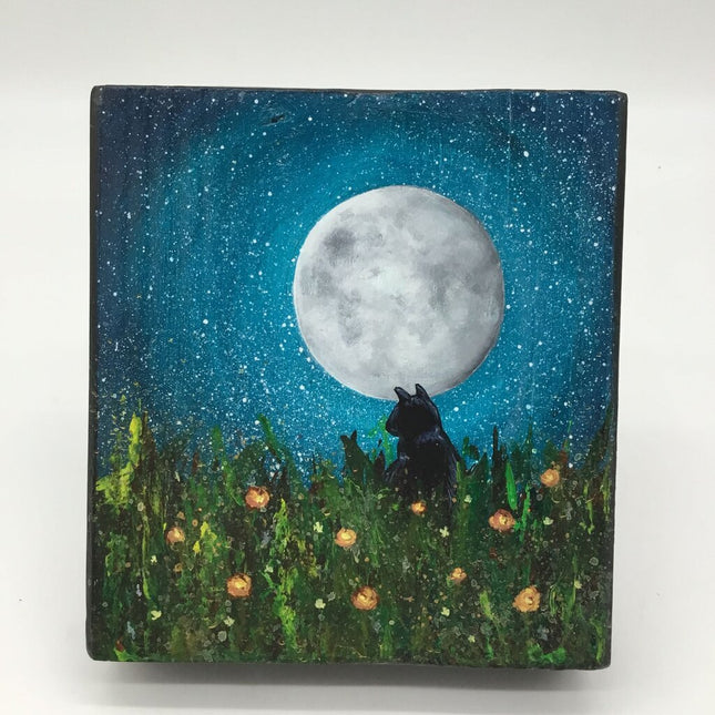Cat & Moon Painting -Teal