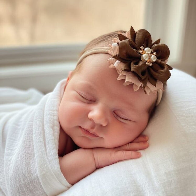 Elegant Brown & Blush Pearl Flower baby Headband