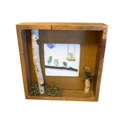 5 sea glass birds in open frame, 1 on swing