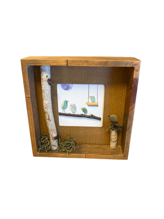 5 sea glass birds in open frame, 1 on swing