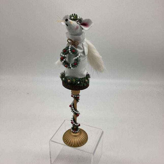 Angel Mouse on candlestick holding a wreath