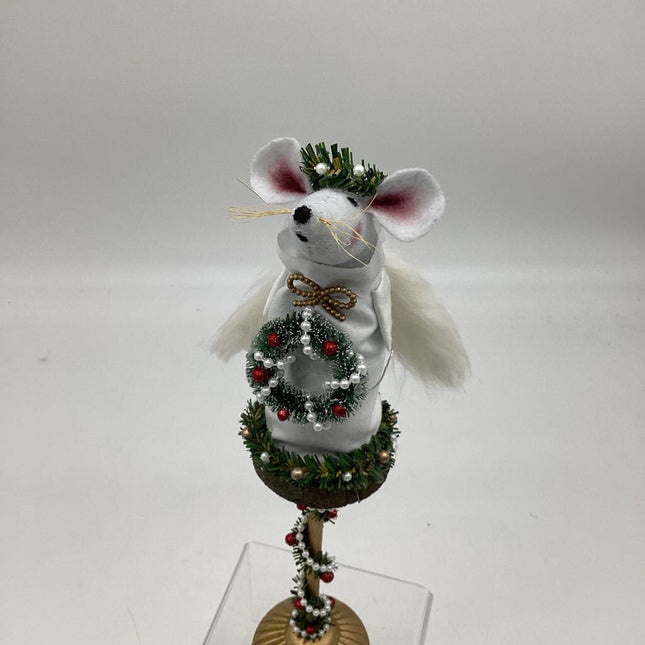 Angel Mouse on candlestick holding a wreath