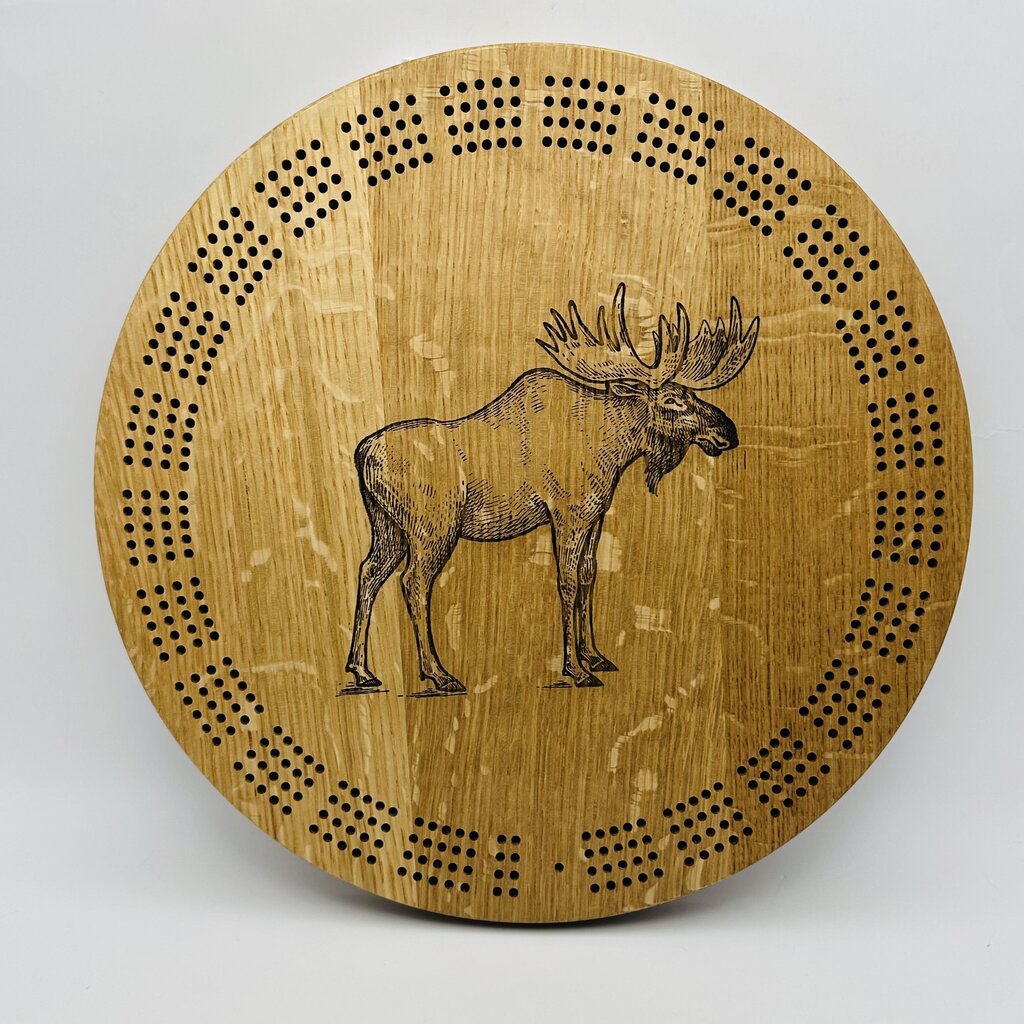 Round Cribbage Board with Moose