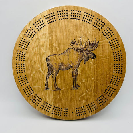 Round Cribbage Board with Moose
