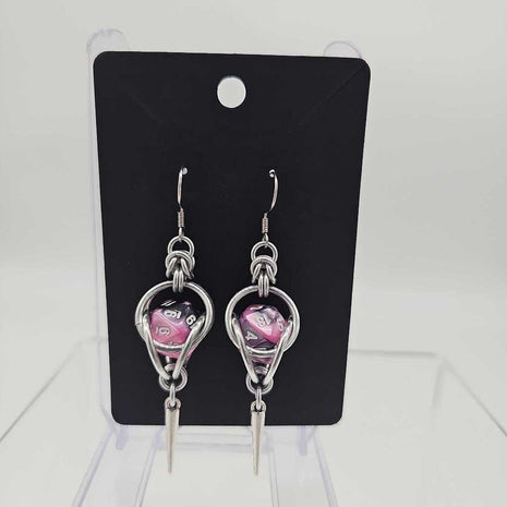 Mini D20 Earrings Silver with Marble Pink Black D20 and Silver Spike