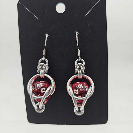 Mini D20 Earrings Silver with Translucent Red D20
