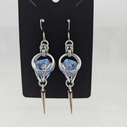 Mini D20 Earrings Silver with Translucent Clear Blue D20 and Silver Spike