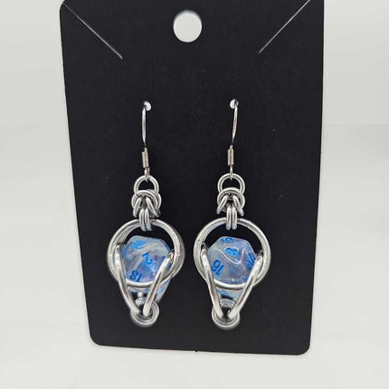Mini D20 Earrings Silver with Translucent Clear Blue D20