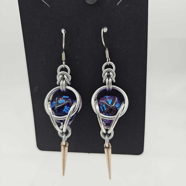 Mini D20 Earrings Silver with Translucent Purple D20 and Silver Spike