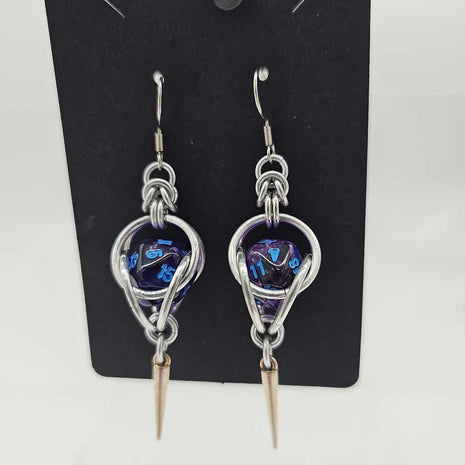 Mini D20 Earrings Silver with Translucent Purple D20 and Silver Spike