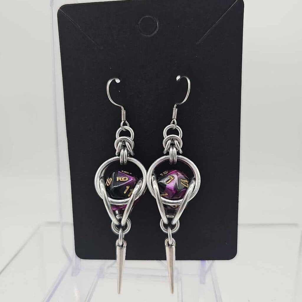 Mini D20 Earrings Silver with Marble Purple Black D20 and Silver Spike