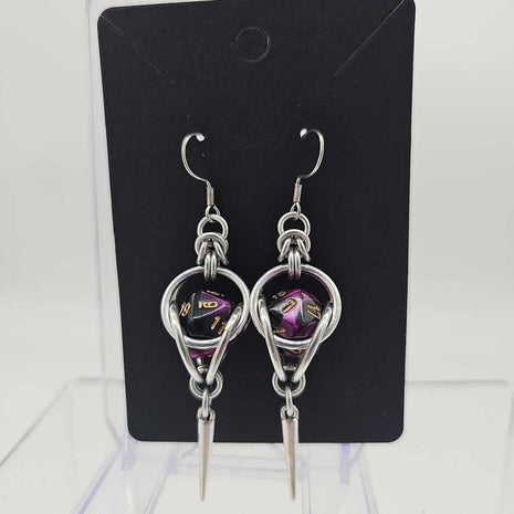 Mini D20 Earrings Silver with Marble Purple Black D20 and Silver Spike