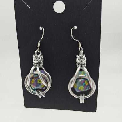 Mini D20 Earrings Silver with Marble Pink Green Swirl D20