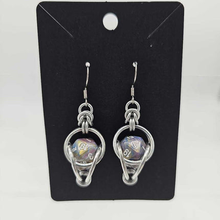 Mini D20 Earrings Silver with Marble Gray Gold Swirl D20