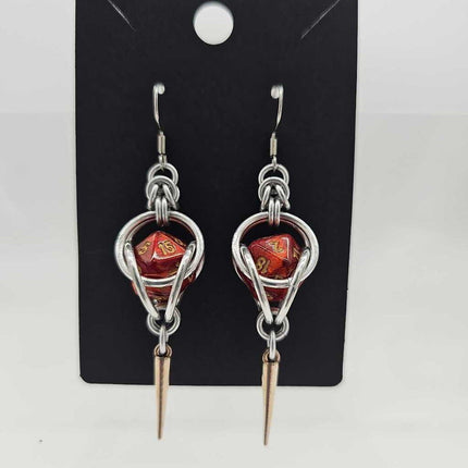 Mini D20 Earrings Silver with Marble Red D20 with Silver Spike