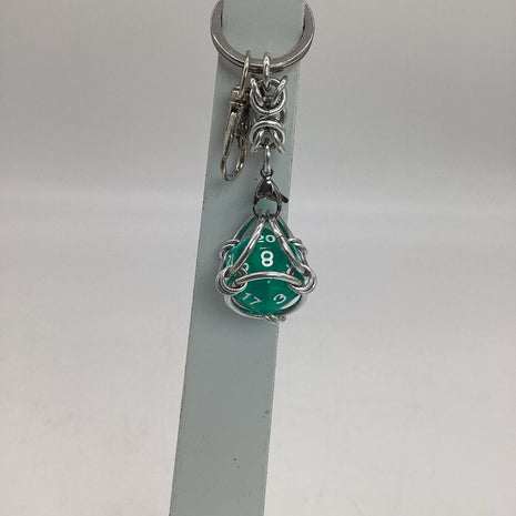 Caged D20 Keychain - Green Marble D20, Silver Byzantine