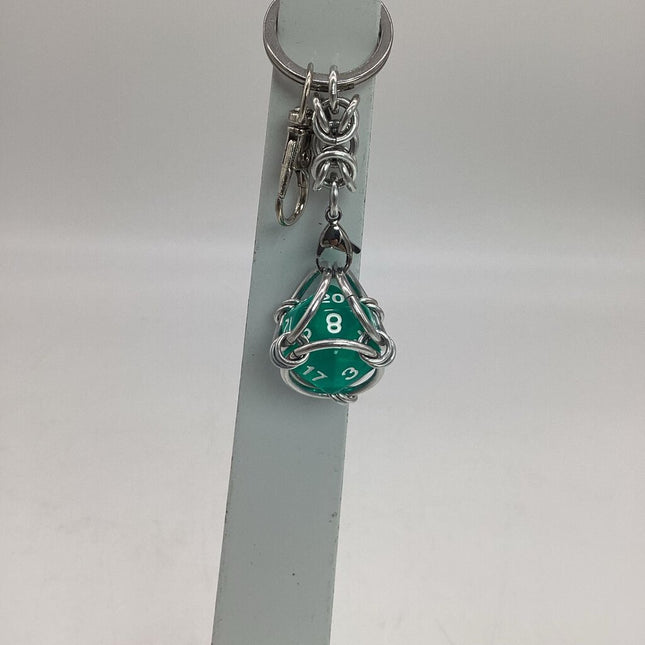 Caged D20 Keychain - Green Marble D20, Silver Byzantine