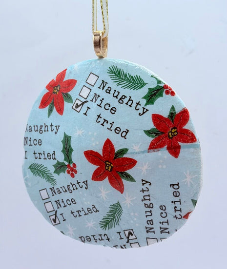 Naughty/Nice/I Tried Sand Dollar Ornament (Oregon, 30+ yrs ago)