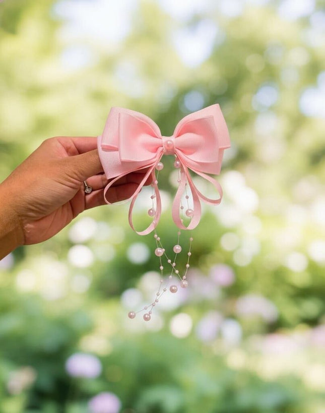 Pink Bow Hair Clip with Pearls