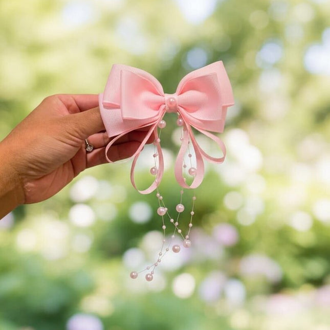 Pink Bow Hair Clip with Pearls