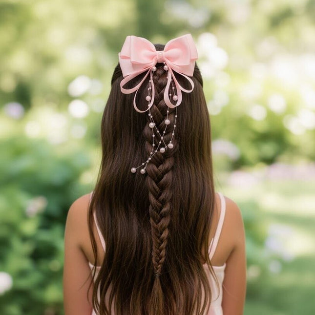 Pink Bow Hair Clip with Pearls