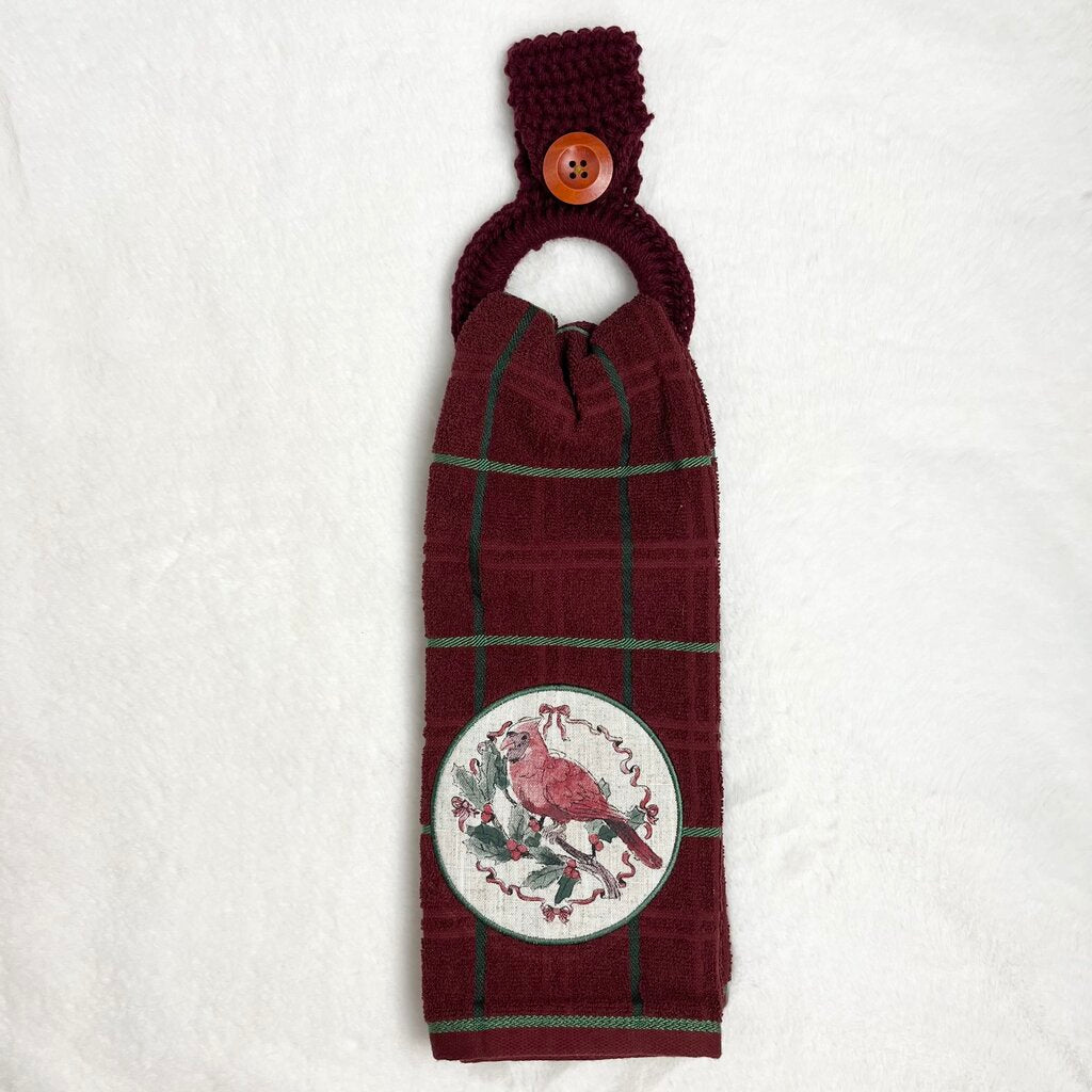 Hanging Towel Set - Cardinal on Burgundy Plaid