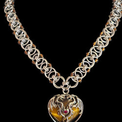 Tigers Eye Dragon Heart with Beaded Helm Weave Necklace 18 inches - view 2