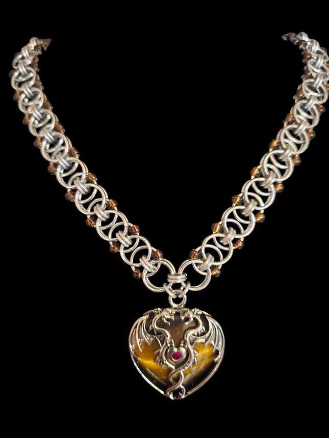 Tigers Eye Dragon Heart with Beaded Helm Weave Necklace 18 inches