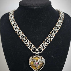 Tigers Eye Dragon Heart with Beaded Helm Weave Necklace 18 inches - view 1