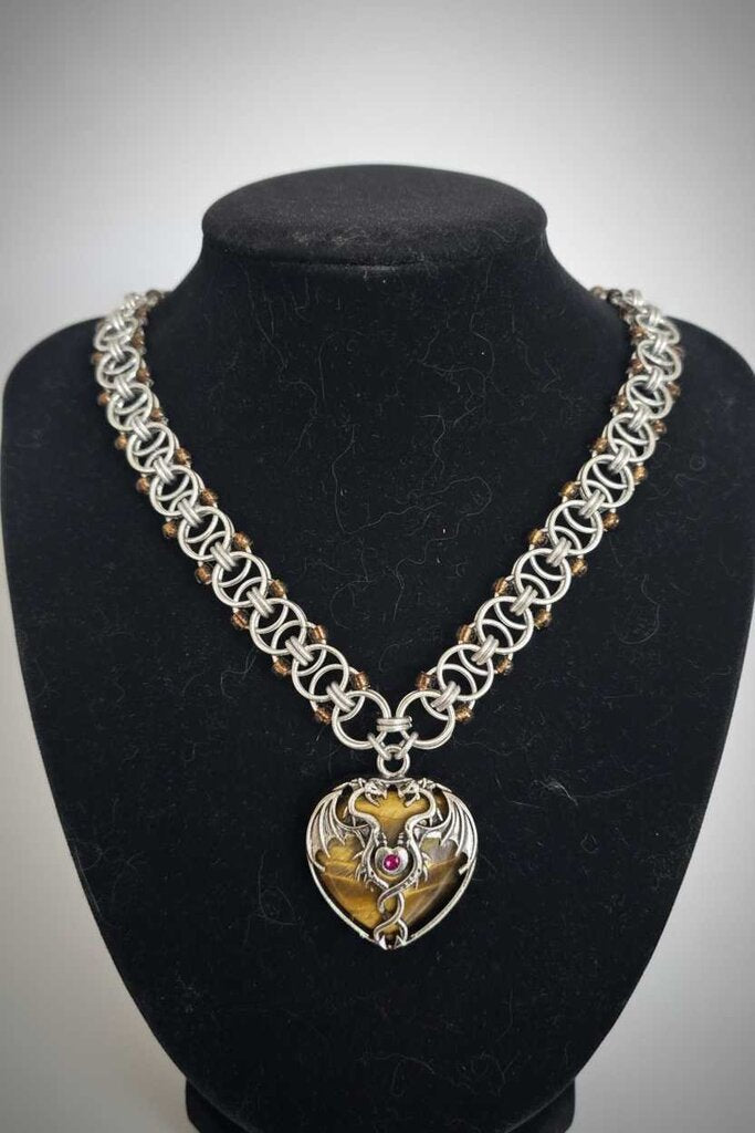 Tigers Eye Dragon Heart with Beaded Helm Weave Necklace 18 inches