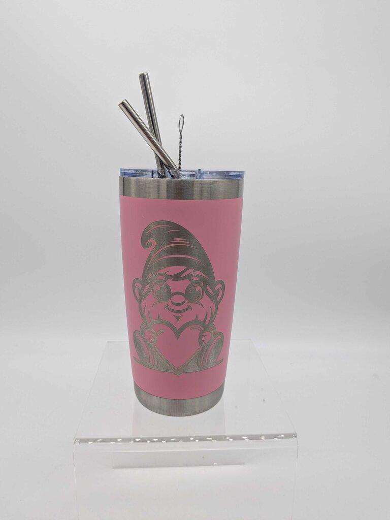Gnome Heart Tumbler, Pink with straw set