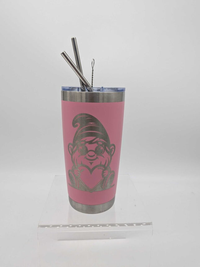 Gnome Heart Tumbler, Pink with straw set
