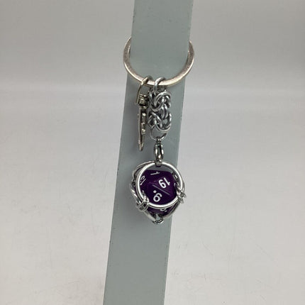 Caged D20 Keychain - Purple D20, Silver Byzantine