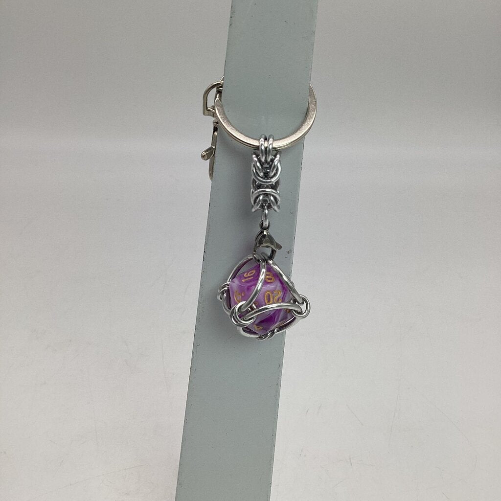 Caged D20 Keychain - Purple White Marble D20, Silver Byzantine