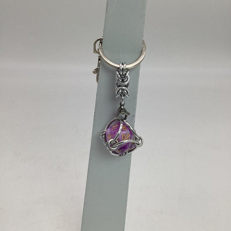 Caged D20 Keychain - Purple White Marble D20, Silver Byzantine