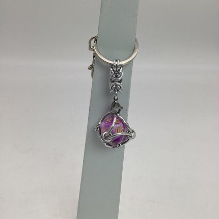 Caged D20 Keychain - Purple White Marble D20, Silver Byzantine