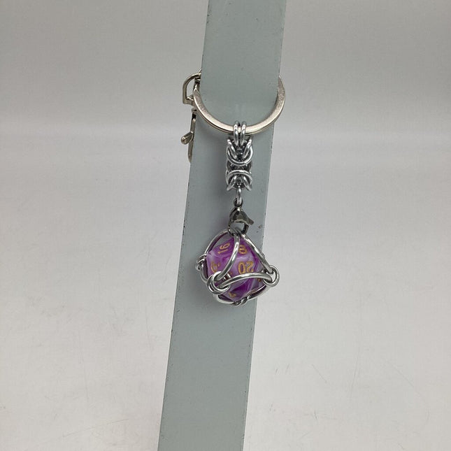 Caged D20 Keychain - Purple White Marble D20, Silver Byzantine