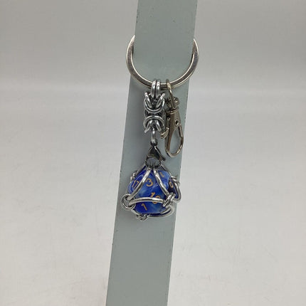 Caged D20 Keychain - Light Blue White Marble D20, Silver Byzantine